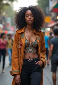 stylish and chic  woman in Mumbai wearing a contemporary fusion outfit, bustling streets of Mumbai in the background