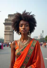 stylish and chic  woman in Mumbai wearing a vibrant saree/kurta, Gateway of India in the background