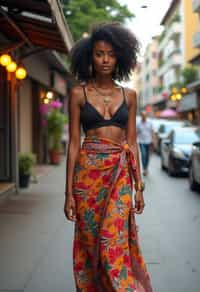 stylish and chic  woman in Thailand wearing a vibrant sarong, Bangkok in the background