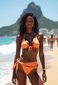 stylish and chic  woman in Rio de Janeiro wearing a trendy swimsuit and sarong, Copacabana Beach in the background