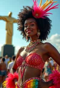 stylish and chic  woman in Rio de Janeiro wearing a vibrant carnival-inspired costume, Christ the Redeemer statue in the background