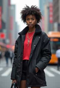 stylish and chic  woman in Shanghai wearing a contemporary streetwear outfit, Nanjing Road in the background