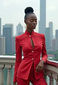 stylish and chic  woman in Shanghai wearing a traditional qipao/mandarin-collar suit, modern skyline in the background