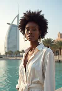 stylish and chic  woman in Dubai wearing a stylish sundress/linen shirt, the Atlantis hotel in the background