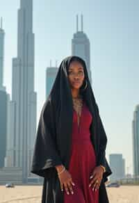 stylish and chic  woman in Dubai wearing a modern, chic abaya/thobe, skyscrapers of Dubai in the background