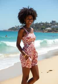 stylish and chic  woman in Sydney wearing a summer dress/shorts and t-shirt, Bondi Beach in the background