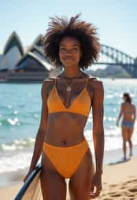 stylish and chic  woman in Sydney wearing a surf-inspired outfit, Sydney Opera House in the background