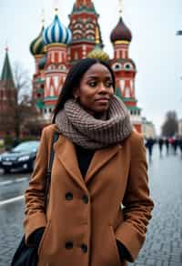 stylish and chic  woman in Moscow wearing a stylish coat and scarf, Saint Basil's Cathedral in the background