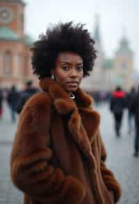 stylish and chic  woman in Moscow wearing a faux fur coat, Kremlin in the background