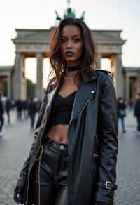 stylish and chic  woman in Berlin wearing a punk-inspired outfit, Brandenburg Gate in the background