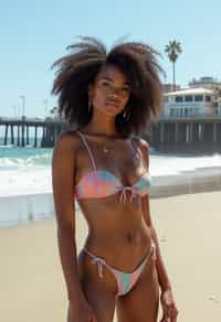 stylish and chic  woman in Los Angeles wearing a trendy beach outfit, Santa Monica pier in the background