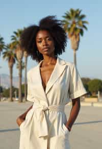 stylish and chic  woman in Los Angeles wearing a summer dress/linen suit, palm trees in the background