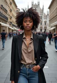 stylish and chic  woman in Milan wearing a fashionable blazer and jeans, Duomo di Milano in the background