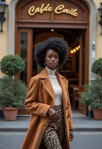 stylish and chic  woman in Milan wearing high fashion attire in front of a classic Italian café