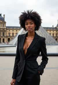 stylish and chic  woman in Paris wearing a chic black dress/suit, Louvre pyramid in the background