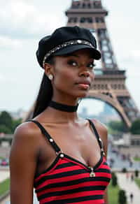 stylish and chic  woman in Paris, wearing a beret and striped top, Eiffel Tower in the background