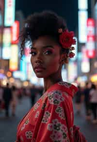 stylish and chic  woman in Tokyo wearing a modern take on a traditional kimono, neon lights of the city in the background