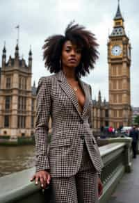 stylish and chic  woman in London wearing a checkered suit, Big Ben in the background