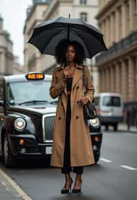 stylish and chic  woman in London sporting a trench coat and holding an umbrella, iconic London cab in the background