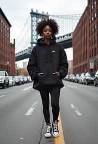 stylish and chic  woman in New York City wearing an oversized sweatshirt and high top sneakers, Brooklyn Bridge in the background