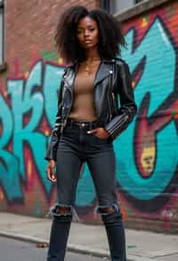 stylish and chic  woman in New York City wearing a leather jacket, jeans, and boots with urban graffiti in the background