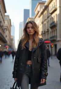 stylish and chic  woman in Buenos Aires wearing a modern street style outfit, Obelisco de Buenos Aires in the background