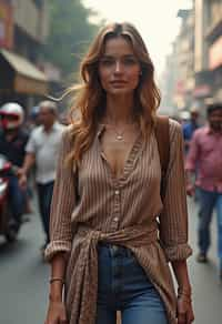 stylish and chic  woman in Mumbai wearing a contemporary fusion outfit, bustling streets of Mumbai in the background