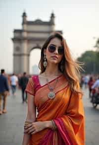 stylish and chic  woman in Mumbai wearing a vibrant saree/kurta, Gateway of India in the background