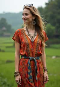 stylish and chic  woman in Bali wearing vibrant Batik clothes, Bali, Indonesia in the background