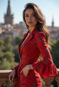 stylish and chic  woman in Barcelona wearing a flamenco-inspired dress/suit, Park Güell in the background