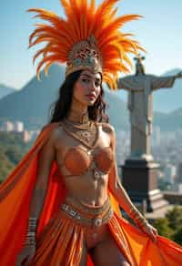 stylish and chic  woman in Rio de Janeiro wearing a vibrant carnival-inspired costume, Christ the Redeemer statue in the background