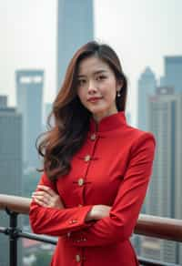 stylish and chic  woman in Shanghai wearing a traditional qipao/mandarin-collar suit, modern skyline in the background