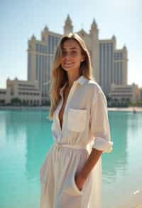 stylish and chic  woman in Dubai wearing a stylish sundress/linen shirt, the Atlantis hotel in the background