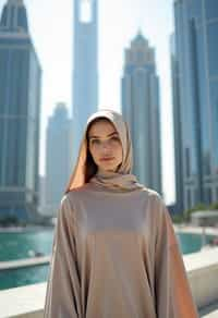 stylish and chic  woman in Dubai wearing a modern, chic abaya/thobe, skyscrapers of Dubai in the background