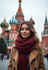 stylish and chic  woman in Moscow wearing a stylish coat and scarf, Saint Basil's Cathedral in the background