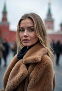 stylish and chic  woman in Moscow wearing a faux fur coat, Kremlin in the background