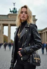 stylish and chic  woman in Berlin wearing a punk-inspired outfit, Brandenburg Gate in the background