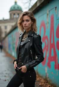 stylish and chic  woman in Berlin wearing a grunge-inspired outfit, Berlin Wall in the background