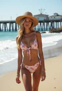 stylish and chic  woman in Los Angeles wearing a trendy beach outfit, Santa Monica pier in the background