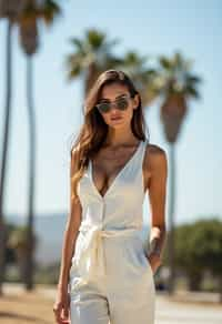 stylish and chic  woman in Los Angeles wearing a summer dress/linen suit, palm trees in the background