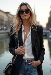 stylish and chic  woman in Milan wearing a fashionable blazer and jeans, Duomo di Milano in the background