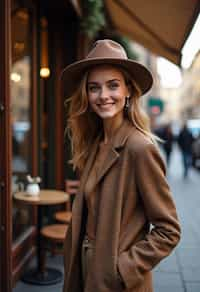 stylish and chic  woman in Milan wearing high fashion attire in front of a classic Italian café