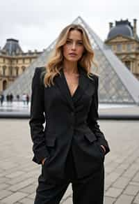 stylish and chic  woman in Paris wearing a chic black dress/suit, Louvre pyramid in the background