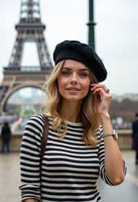 stylish and chic  woman in Paris, wearing a beret and striped top, Eiffel Tower in the background