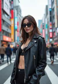 stylish and chic  woman in Tokyo wearing a futuristic outfit, Shibuya crossing in the background