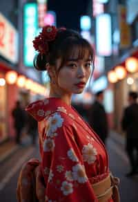 stylish and chic  woman in Tokyo wearing a modern take on a traditional kimono, neon lights of the city in the background