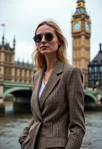 stylish and chic  woman in London wearing a checkered suit, Big Ben in the background