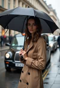 stylish and chic  woman in London sporting a trench coat and holding an umbrella, iconic London cab in the background