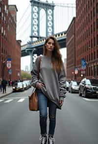 stylish and chic  woman in New York City wearing an oversized sweatshirt and high top sneakers, Brooklyn Bridge in the background