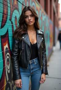 stylish and chic  woman in New York City wearing a leather jacket, jeans, and boots with urban graffiti in the background